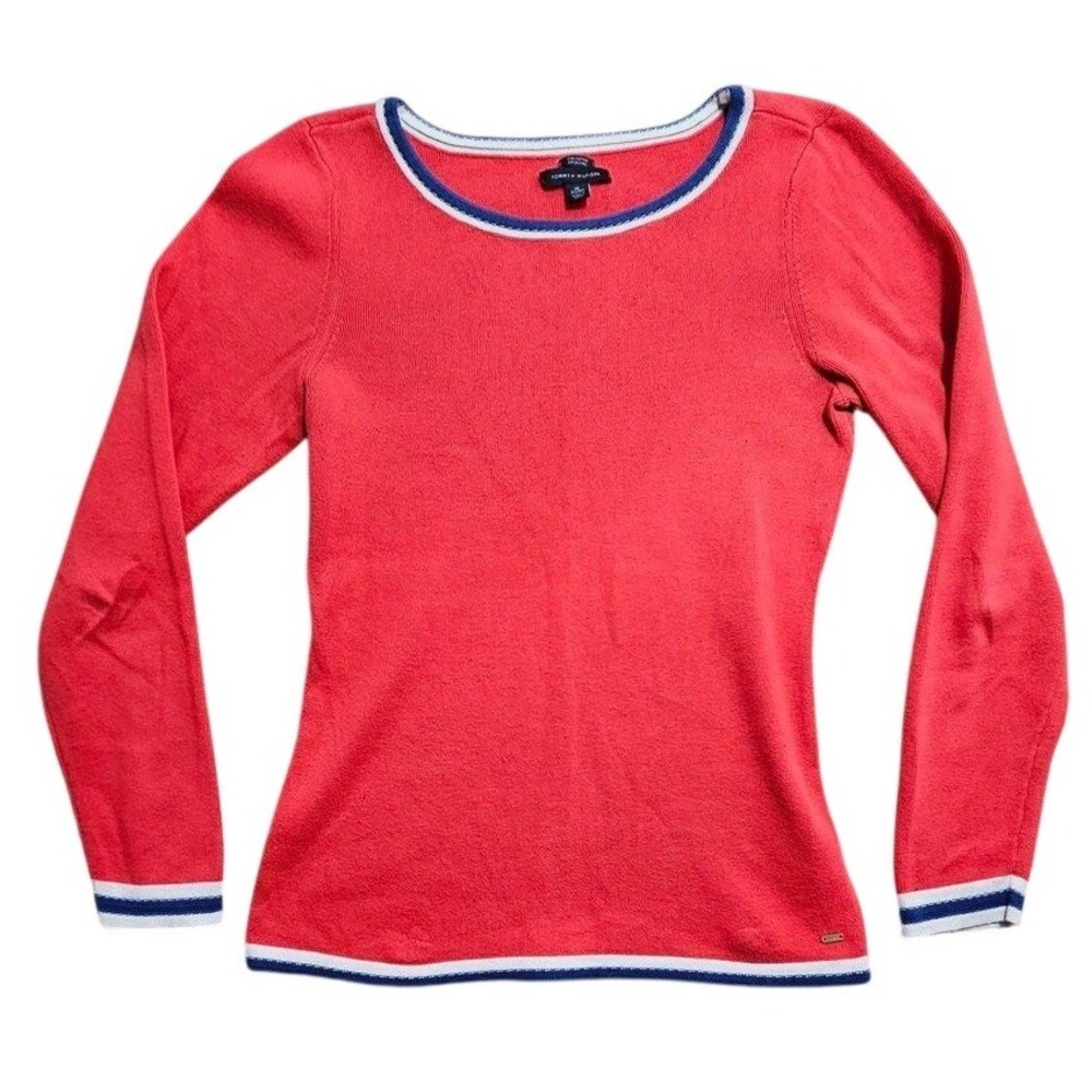 Tommy Hilfiger Red‎ Pima Cotton Striped Trim Crew Neck Sweater XL 0963301